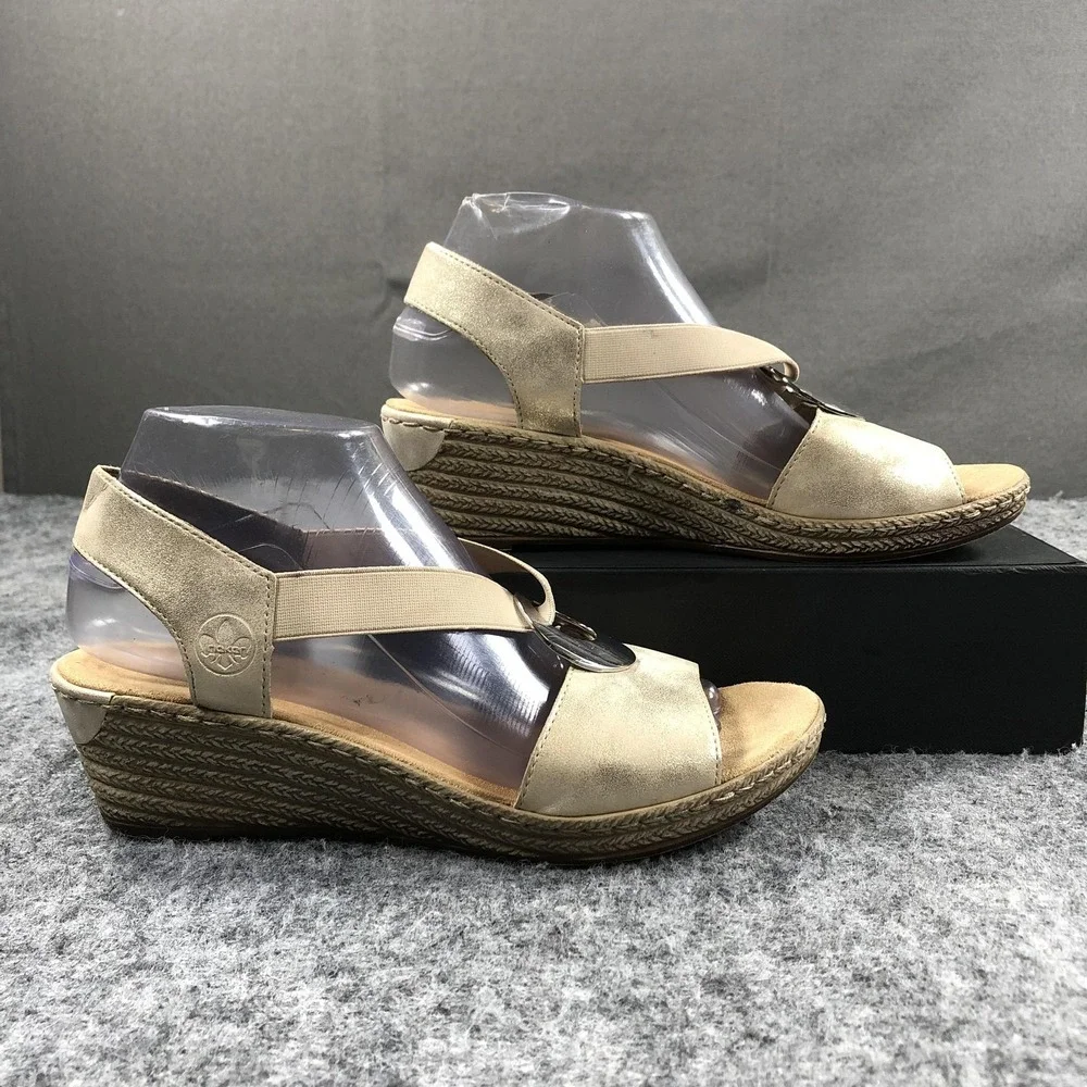 Rieker Wedge Sandals Womens 8 Beige Stretch Espadrille Medallion Comfort